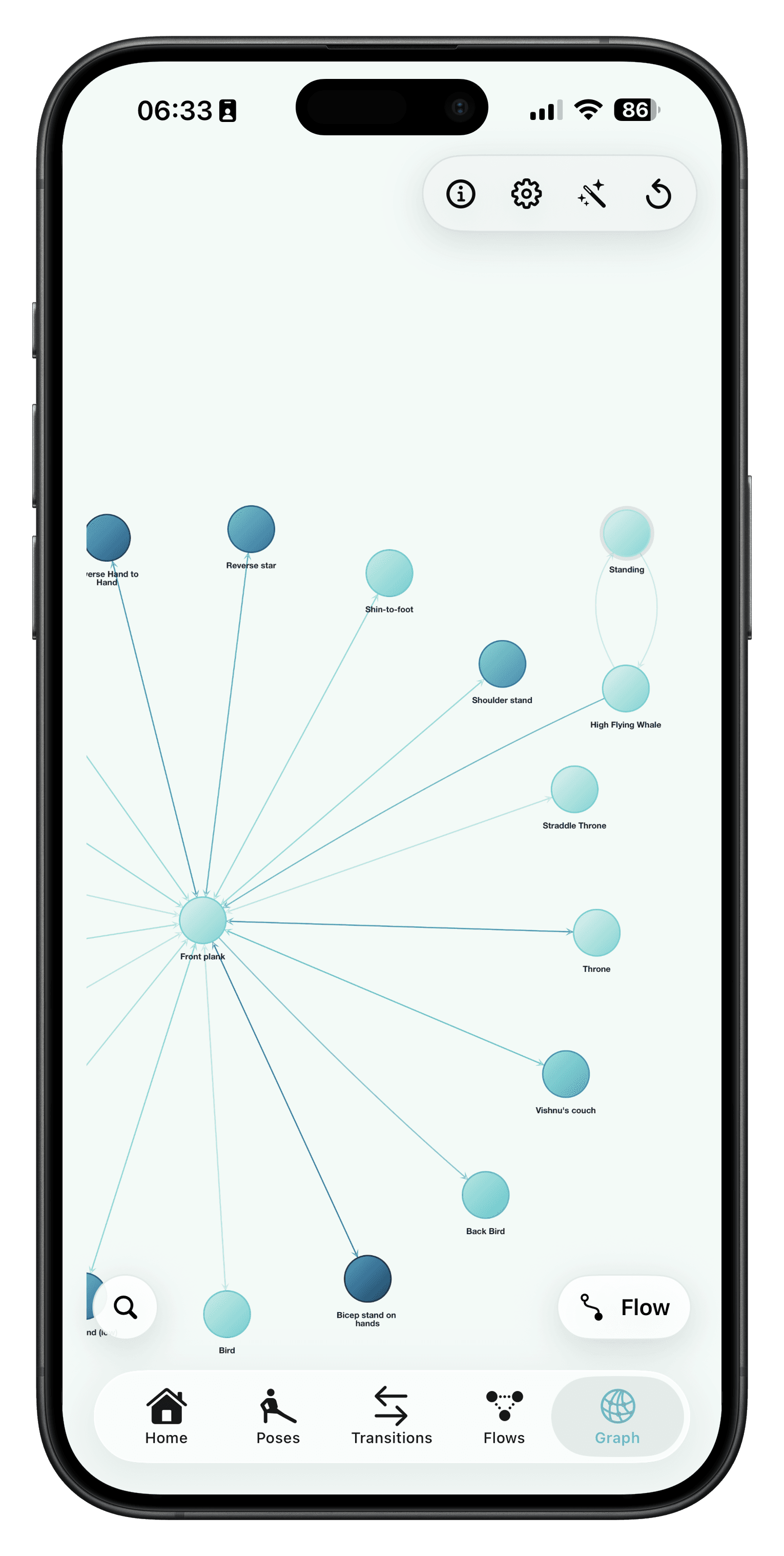 AcroFlow graph explorer showing connected poses and transitions
