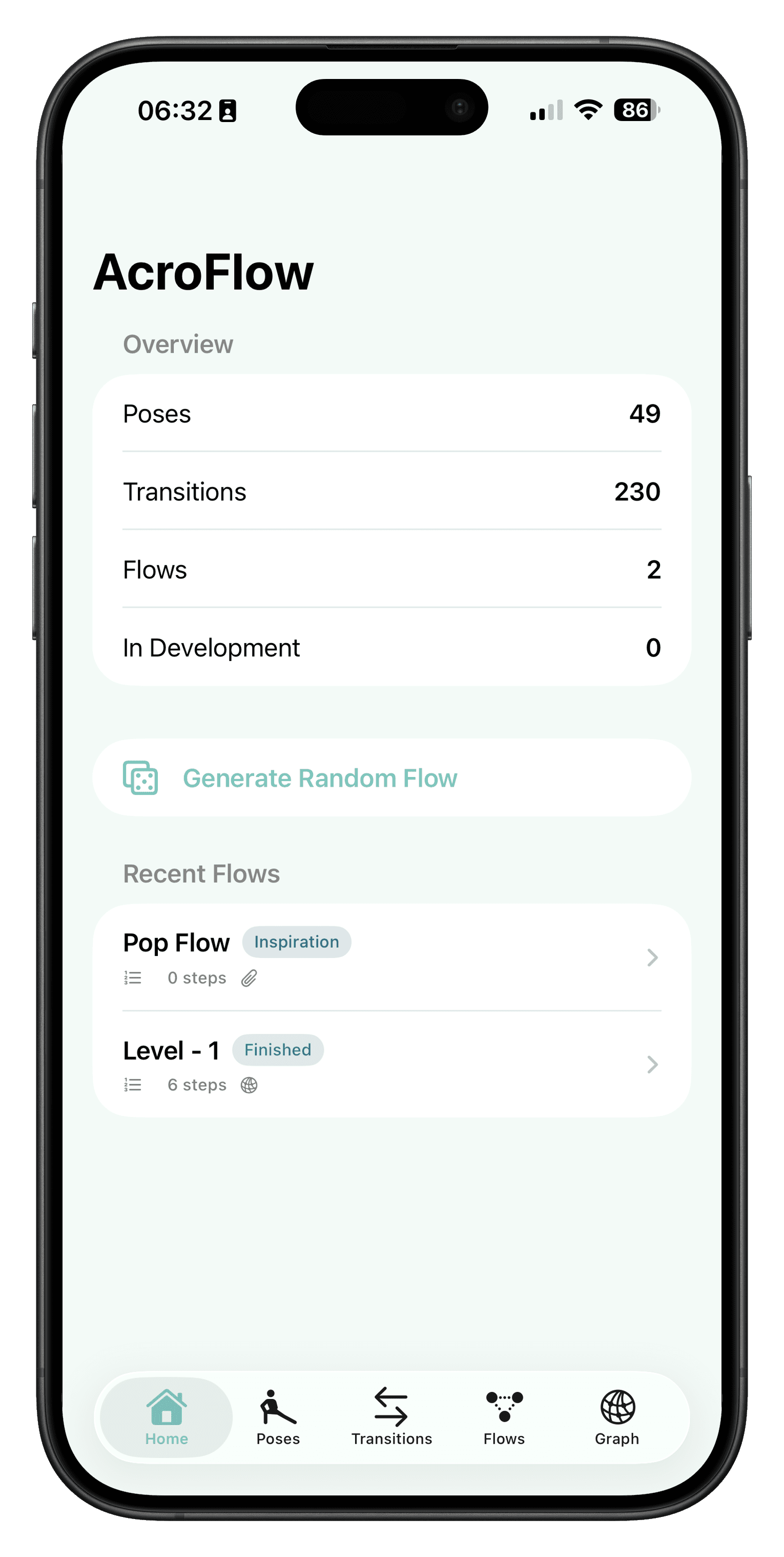 AcroFlow home overview with practice counts and recent flows