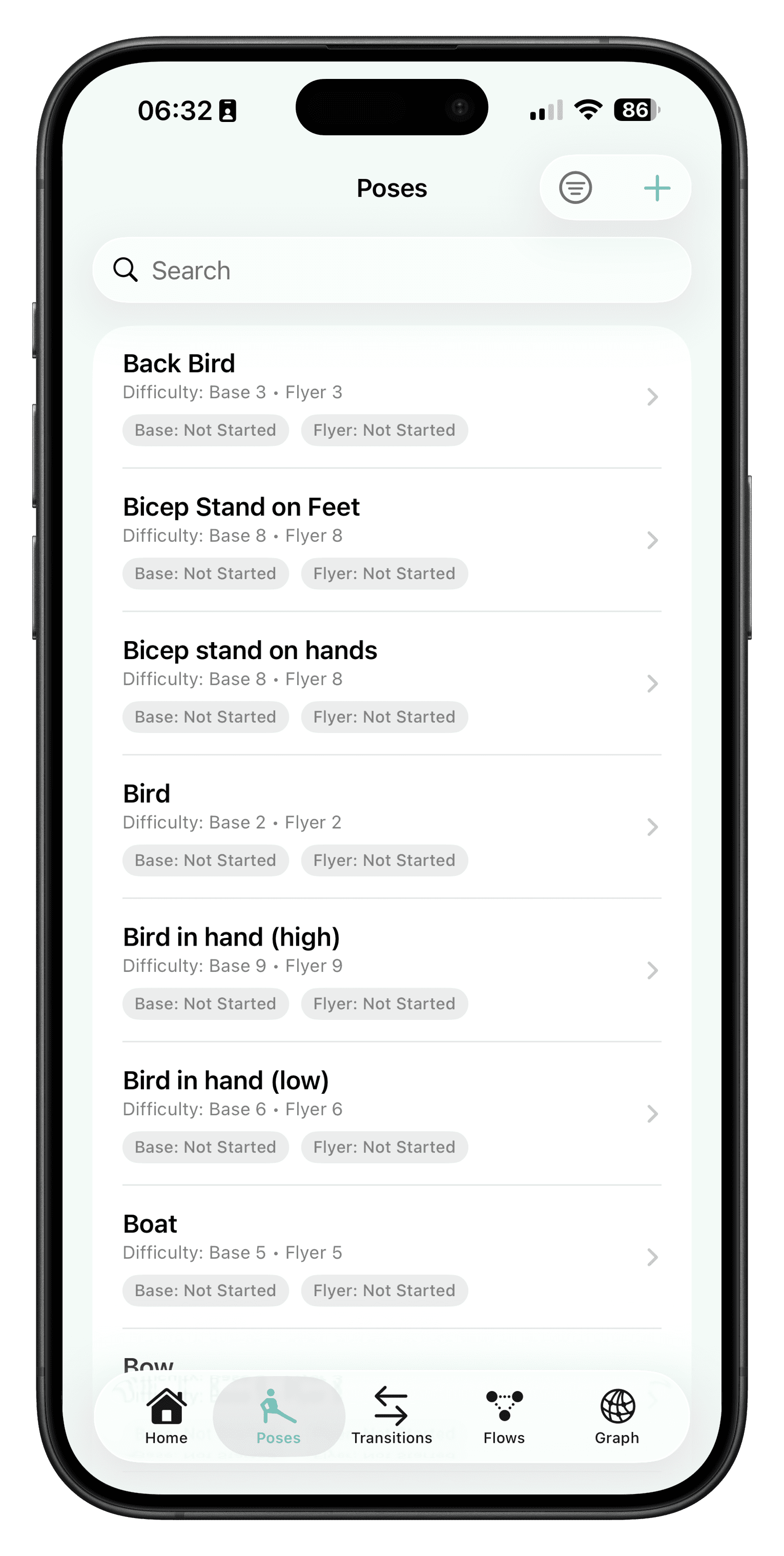 AcroFlow pose library with searchable poses and role progress